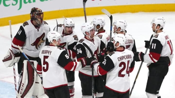 Nov 19, 2015; Montreal, Quebec, CAN; The Arizona Coyotes players celebrate after defeating the Montreal Canadiens Bell Centre. Mandatory Credit: Jean-Yves Ahern-USA TODAY Sports