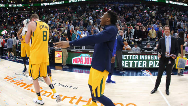 SALT LAKE CITY, UT - MARCH 13: Donovan Mitchell #45 of the Utah Jazz celebrates with Jonas Jerebko #8 after defeating the Detroit Pistons on March 13, 2018 at vivint.SmartHome Arena in Salt Lake City, Utah. NOTE TO USER: User expressly acknowledges and agrees that, by downloading and or using this Photograph, User is consenting to the terms and conditions of the Getty Images License Agreement. Mandatory Copyright Notice: Copyright 2018 NBAE (Photo by Melissa Majchrzak/NBAE via Getty Images)