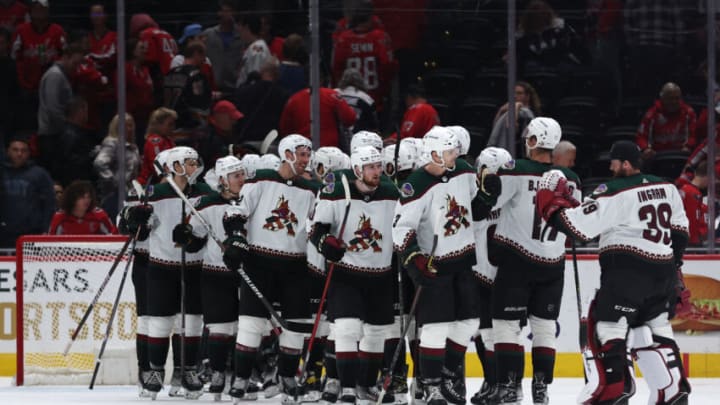 WASHINGTON, DC - NOVEMBER 05: The Arizona Coyotes celebrate after defeating the Washington Capitals during at Capital One Arena on November 05, 2022 in Washington, DC. (Photo by Patrick Smith/Getty Images)