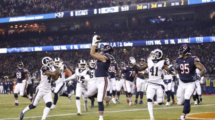 CHICAGO, IL - DECEMBER 09: Bradley Sowell #79 of the Chicago Bears completes the pass for a touchdown in the third quarter against the Los Angeles Rams at Soldier Field on December 9, 2018 in Chicago, Illinois. (Photo by Joe Robbins/Getty Images)
