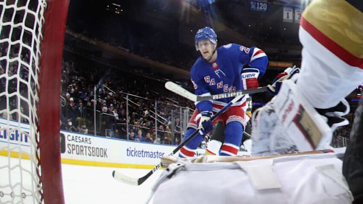 NEW YORK, NEW YORK - DECEMBER 17: Adam Fox #23 of the New York Rangers skates against the Vegas Golden Knights at Madison Square Garden on December 17, 2021 in New York City. The Golden Knights defeated the Rangers 3-2 in the shootout. (Photo by Bruce Bennett/Getty Images)