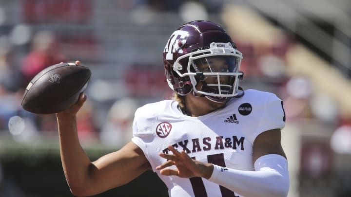 Oct 3, 2020; Tuscaloosa, Alabama, USA; Texas A&M quarterback Kellen Mond (11) warms up at Bryant-Denny Stadium before the game with Alabama. Mandatory Credit: Gary Cosby Jr/The Tuscaloosa News via USA TODAY Sports