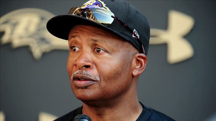 Aug 12, 2013; Owings Mills, MD, USA; Baltimore Ravens offensive coordinator Jim Caldwell talks to the media after training camp at the Under Armour Performance Center. Mandatory Credit: Evan Habeeb-USA TODAY Sports