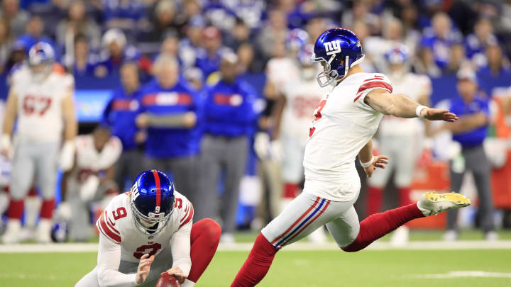 INDIANAPOLIS, INDIANA – DECEMBER 23: Aldrick Rosas #2 of the New York Giants kicks a field goal in the game against the Indianapolis Colts in the second quarter at Lucas Oil Stadium on December 23, 2018 in Indianapolis, Indiana. (Photo by Andy Lyons/Getty Images)