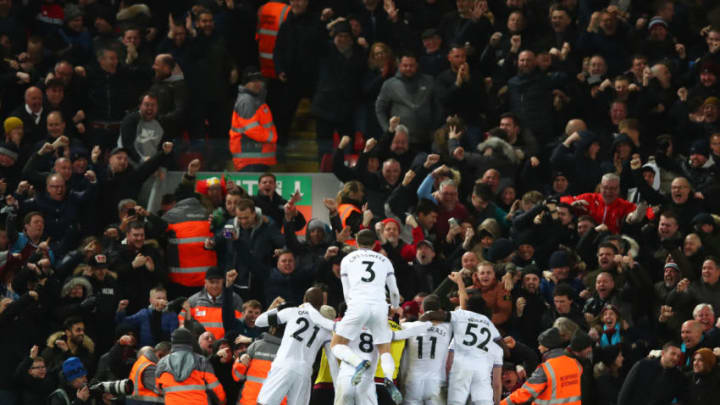 LIVERPOOL, ENGLAND - FEBRUARY 24: Pablo Fornals of West Ham United celebrates after scoring his sides second goal during the Premier League match between Liverpool FC and West Ham United at Anfield on February 24, 2020 in Liverpool, United Kingdom. (Photo by Clive Brunskill/Getty Images)