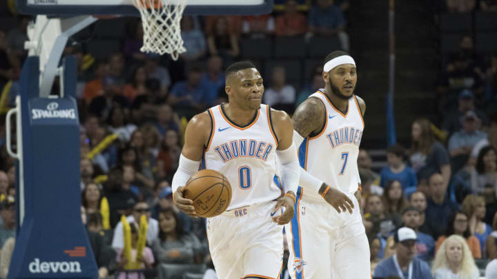 OKLAHOMA CITY, OK – OCTOBER 8: Russell Westbrook #0 of the OKC Thunder and Carmelo Anthony #7 of the OKC Thunder against Melbourne United during the first half of a NBA preseason game at the Chesapeake Energy Arena on October 8, 2017 in Oklahoma City, Oklahoma. (Photo by J Pat Carter/Getty Images)