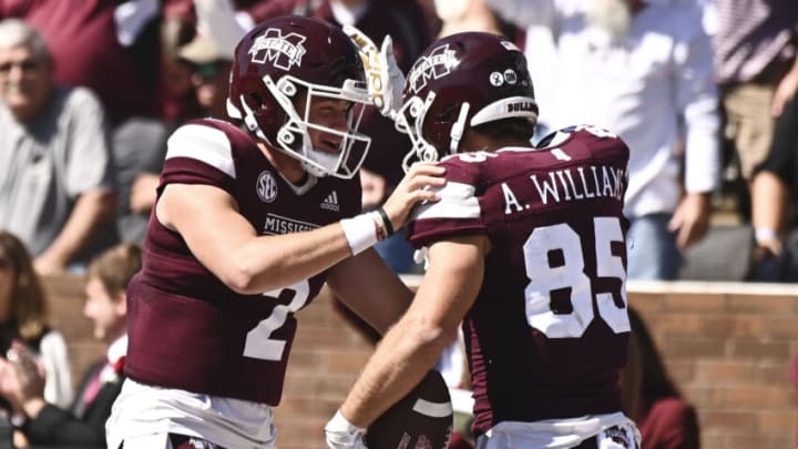 Oct 8, 2022; Starkville, Mississippi, USA; Mississippi State Bulldogs quarterback Will Rogers (2) and wide receiver Austin Williams (85) react after a touchdown against the Arkansas Razorbacks during the second quarter at Davis Wade Stadium at Scott Field. Mandatory Credit: Matt Bush-USA TODAY Sports