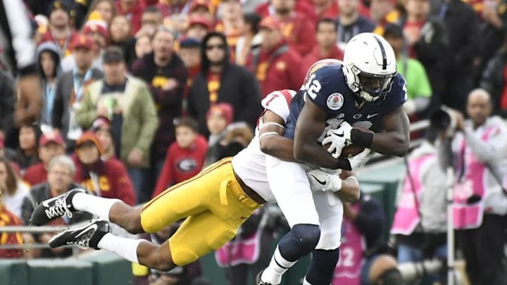 Jan 2, 2017; Pasadena, CA, USA; USC Trojans defensive back Marvell Tell III (7) defends against Penn State Nittany Lions wide receiver Chris Godwin (12) during the second half of the 2017 Rose Bowl game at Rose Bowl. Mandatory Credit: Richard Mackson-USA TODAY Sports