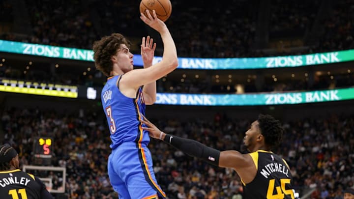 OKC Thunder guard Josh Giddey (3) shoots the ball over Utah Jazz guard Donovan Mitchell: Chris Nicoll-USA TODAY Sports OKC Thunder guard Josh Giddey (3) shoots the ball over Utah Jazz guard Donovan Mitchell: Chris Nicoll-USA TODAY Sports