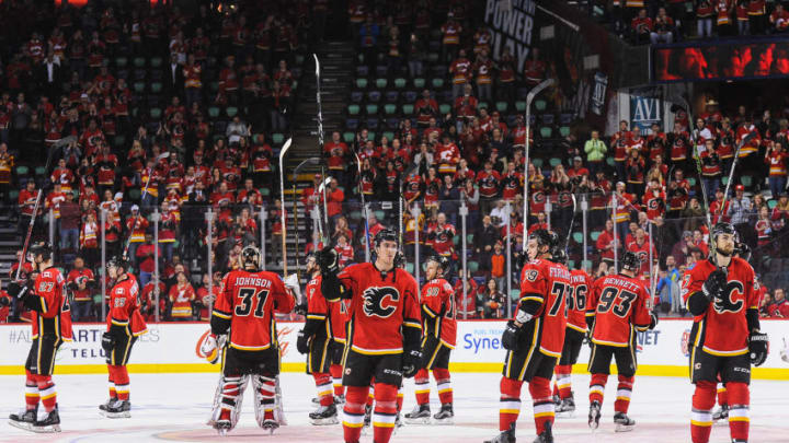 CALGARY, AB - APRIL 19: The Calgary Flames salute the crowd after being defeated by the Anaheim Ducks in Game Four of the Western Conference First Round during the 2017 NHL Stanley Cup Playoffs at Scotiabank Saddledome on April 19, 2017 in Calgary, Alberta, Canada. (Photo by Derek Leung/Getty Images)