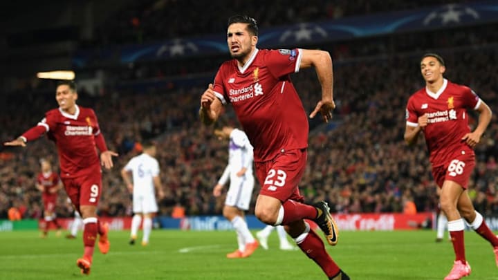 LIVERPOOL, ENGLAND - NOVEMBER 01: Emre Can of Liverpool celebrates scoring his sides second goal during the UEFA Champions League group E match between Liverpool FC and NK Maribor at Anfield on November 1, 2017 in Liverpool, United Kingdom. (Photo by Michael Regan/Getty Images)