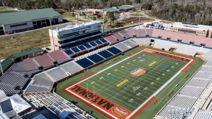 Feb 3, 2023; Mobile, AL, USA; Stadium and signage photos as Senior Bowl practice pauses the day before the game at Hancock Whitney Stadium. Mandatory Credit: Vasha Hunt-USA TODAY Sports