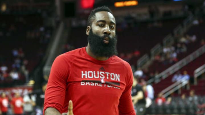 Jan 31, 2017; Houston, TX, USA; Houston Rockets guard James Harden (13) warms up before a game against the Sacramento Kings at Toyota Center. Mandatory Credit: Troy Taormina-USA TODAY Sports