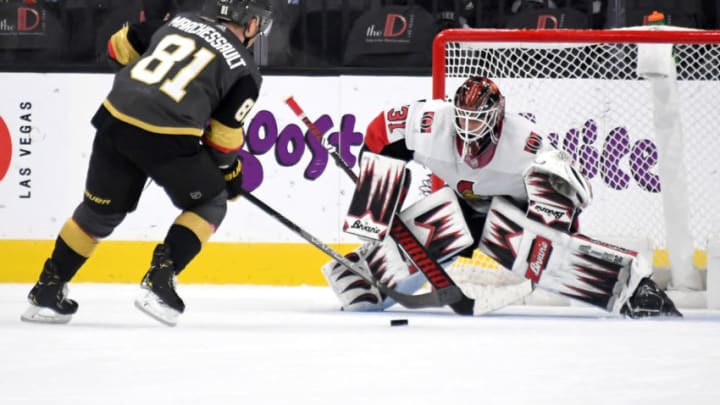 LAS VEGAS, NEVADA - OCTOBER 17: Jonathan Marchessault #81 of the Vegas Golden Knights scores a game-winning shootout goal against Anders Nilsson #31 of the Ottawa Senators at T-Mobile Arena on October 17, 2019 in Las Vegas, Nevada. The Golden Knights defeated the Senators 3-2 in a shootout. (Photo by Ethan Miller/Getty Images)