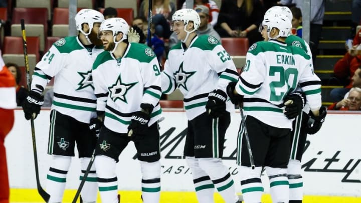 Nov 29, 2016; Detroit, MI, USA; Dallas Stars defenseman Esa Lindell (23) celebrates with team mates his goal in the first period against the Detroit Red Wings at Joe Louis Arena. Mandatory Credit: Rick Osentoski-USA TODAY Sports