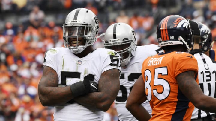 DENVER, CO - OCTOBER 01: Bruce Irvin (51) of the Oakland Raiders celebrates after sacking Trevor Siemian (13) of the Denver Broncos during the second quarter on Sunday, October 1, 2017. The Denver Broncos hosted the Oakland Raiders. (Photo by Joe Amon/The Denver Post via Getty Images)