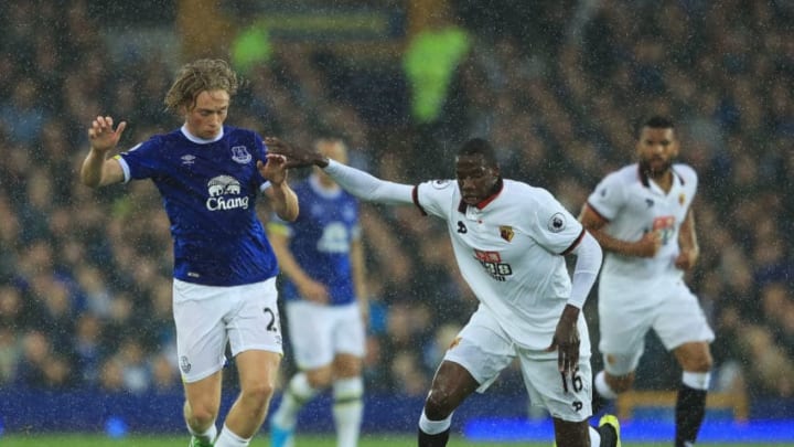 LIVERPOOL, ENGLAND - MAY 12: Tom Davies of Everton and Abdoulaye Doucoure of Watford battle for possession during the Premier League match between Everton and Watford at Goodison Park on May 12, 2017 in Liverpool, England. (Photo by Richard Heathcote/Getty Images)