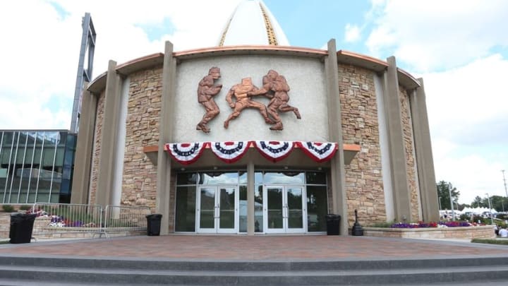 Aug 6, 2016; Canton, OH, USA; General exterior view of the Pro Football Hall of Fame before the 2016 NFL Hall of Fame enshrinement at Tom Benson Hall of Fame Stadium. Mandatory Credit: Charles LeClaire-USA TODAY Sports