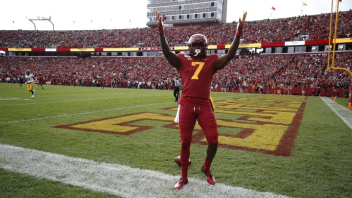 AMES, IA - SEPTEMBER 14: Wide receiver La'Michael Pettway #7 of the Iowa State Cyclones celebrates after scoring a touchdown in the first half of play against the Iowa Hawkeyes at Jack Trice Stadium on September 14, 2019 in Ames, Iowa. (Photo by David Purdy/Getty Images)