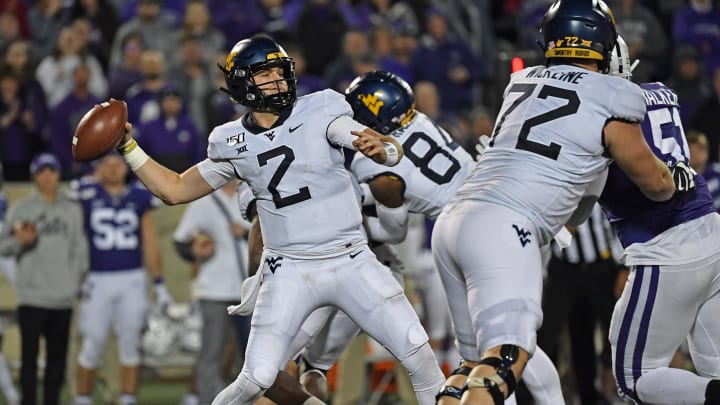 Quarterback Jarret Doege #2 of the West Virginia Mountaineers. (Photo by Peter G. Aiken/Getty Images)