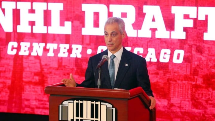 Feb 11, 2016; Chicago, IL, USA; Chicago mayor Rahm Emanuel during a press conference to announce that Chicago will host the 2017 NHL Draft at United Center. Mandatory Credit: Dennis Wierzbicki-USA TODAY Sports