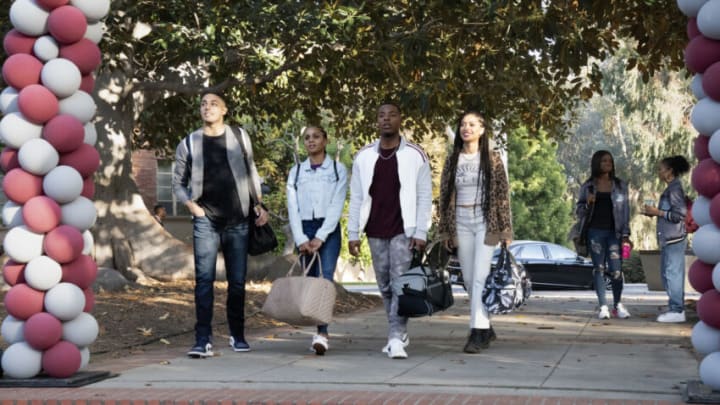 All American -- "All American: Homecoming" -- Image Number: ALA316a_1227r.jpg -- Pictured (L-R): Michael Evans Behling as Jordan, Geffri Maya as Simone, Daniel Ezra as Spencer and Samantha Logan as Olivia -- Photo: Bill Inoshita/The CW -- © 2021 The CW Network, LLC. All Rights Reserved