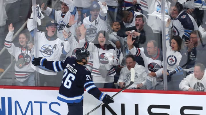 WINNIPEG, CANADA - APRIL 24: Blake Wheeler #26 of the Winnipeg Jets celebrates his goal during action against the Vegas Golden Knights in the first period of Game Four of the First Round of the 2023 Stanley Cup Playoffs on April 24, 2023 at Canada Life Centre in Winnipeg, Manitoba, Canada. (Photo by Jason Halstead/Getty Images)
