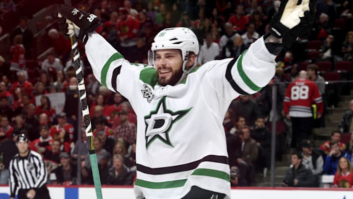 CHICAGO, IL - NOVEMBER 30: Tyler Seguin #91 of the Dallas Stars celebrates after the Stars defeated the Chicago Blackhawks 4-3 in overtime at the United Center on November 30, 2017 in Chicago, Illinois. (Photo by Bill Smith/NHLI via Getty Images)