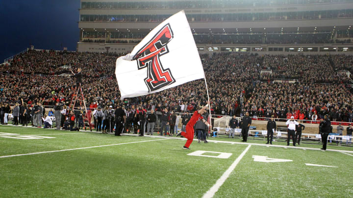 Nov 3, 2018; Lubbock, TX, USA; A Texas Tech Red Raiders cheerleader shows his support for the team before the game against the Oklahoma Sooners at Jones AT&T Stadium. Mandatory Credit: Michael C. Johnson-USA TODAY Sports