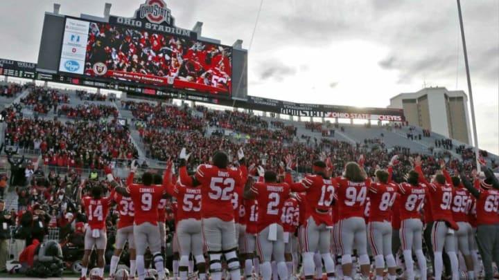 The Ohio State Buckeyes sing "Carmen Ohio" following a 48-3 win over the Michigan State Spartans during Saturday's NCAA Division I football game at Ohio Stadium in Columbus on November 11, 2017. [Barbara J. Perenic/Dispatch]Wfwiocp6f3wnvajyaqjzpliqhd