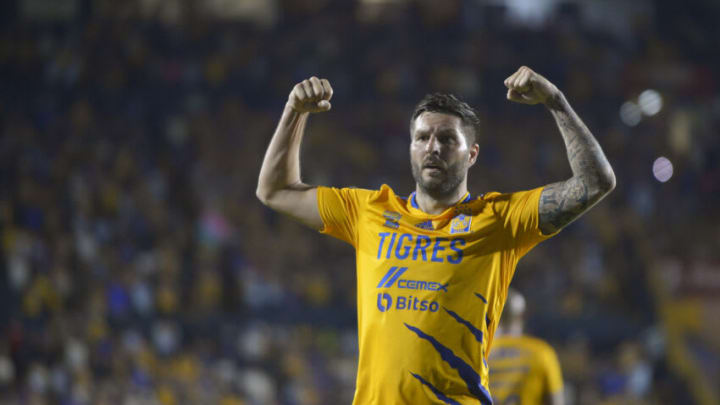 Tigres striker Andre-Pierre Gignac celebrates after scoring in a ninth straight game. Gignaca leads Liga MX with 10 goals. (Photo by Azael Rodriguez/Getty Images)