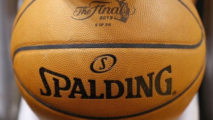 Jun 9, 2013; Miami, FL, USA; General view of the Finals logo on a basketball prior to game two of the 2013 NBA Finals between the Miami Heat and the San Antonio Spurs at the American Airlines Arena. Mandatory Credit: Derick E. Hingle-USA TODAY Sports