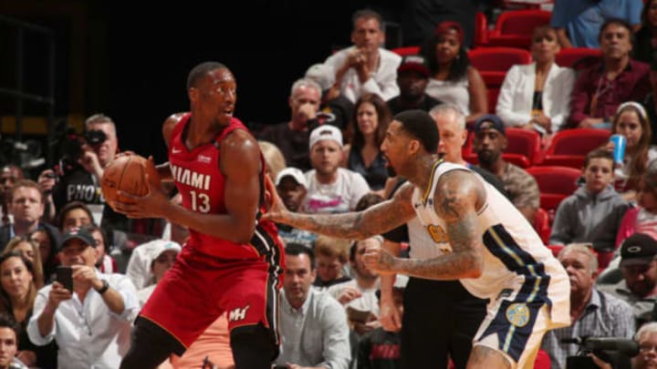 MIAMI, FL – MARCH 19: Bam Adebayo #13 of the Miami Heat handles the ball against the Denver Nuggets on March 19, 2018 at American Airlines Arena in Miami, Florida. NOTE TO USER: User expressly acknowledges and agrees that, by downloading and or using this Photograph, user is consenting to the terms and conditions of the Getty Images License Agreement. Mandatory Copyright Notice: Copyright 2018 NBAE (Photo by Issac Baldizon/NBAE via Getty Images)