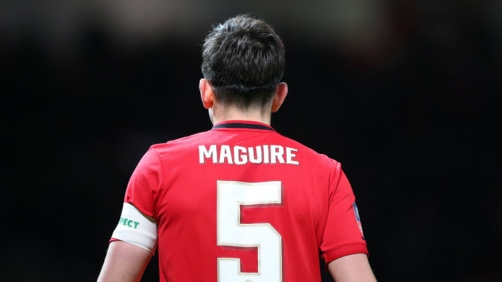 MANCHESTER, ENGLAND - JANUARY 15: Harry Maguire of Manchester United looks on during the FA Cup Third Round Replay match between Manchester United and Wolverhampton Wanderers at Old Trafford on January 15, 2020 in Manchester, England. (Photo by Alex Livesey/Getty Images)