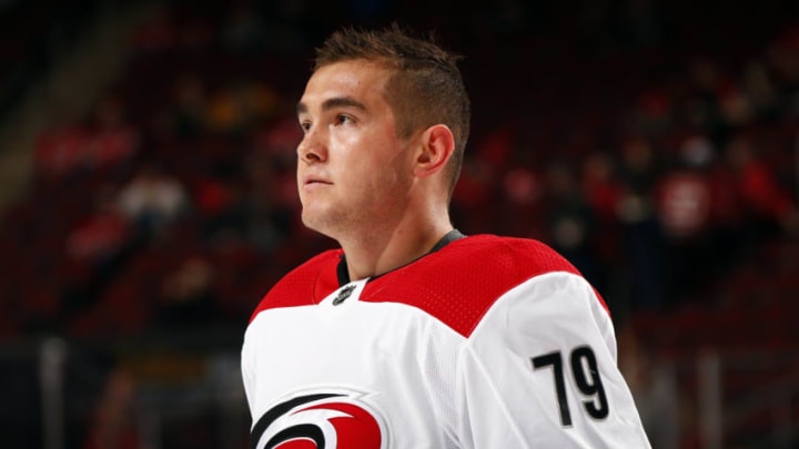 NEWARK, NJ - FEBRUARY 10: Micheal Ferland #79 of the Carolina Hurricanes against the New Jersey Devils at the Prudential Center on February 10, 2019 in Newark, New Jersey. (Photo by Adam Hunger/Getty Images)