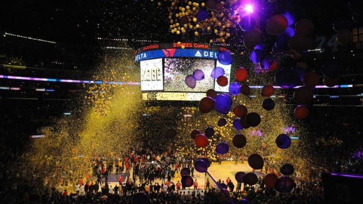 April 13, 2016; Los Angeles, CA, USA; General view of balloons and confetti falling following the Los Angeles Lakers 101-96 victory against the Utah Jazz at Staples Center. Mandatory Credit: Gary A. Vasquez-USA TODAY Sports