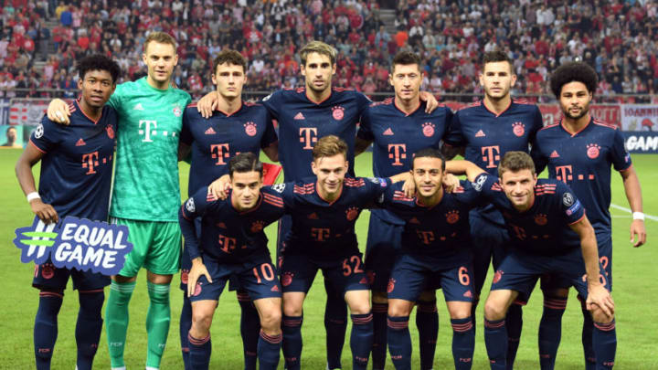 22 October 2019, Greece, Piräus: Soccer: Champions League, Olympiakos Piräus – Bayern Munich, Group stage, Group B, Matchday 3 at Georgios-Karaiskakis Stadium. The starting eleven of Munich stands together before the game for a team photo. Behind the line, l-r: David Alaba, Manuel Neuer, Benjamin Pavard, Xavier Martinez, Robert Lewandowski, Lucas Hernandez and Serge Gnabry. Front row, l-r: Philippe Coutinho, Joshua Kimmich, Thiago Alcantara and Thomas Müller. Photo: Sven Hoppe/dpa (Photo by Sven Hoppe/picture alliance via Getty Images)