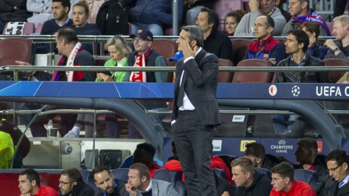 BARCELONA, SPAIN - November 5: Ernesto Valverde, head coach of Barcelona, reacts on the sideline during his sides 0-0 draw at home during the Barcelona V Slavia Prague, UEFA Champions League group stage match at Estadio Camp Nou on November 5th 2019 in Barcelona, Spain. (Photo by Tim Clayton/Corbis via Getty Images)