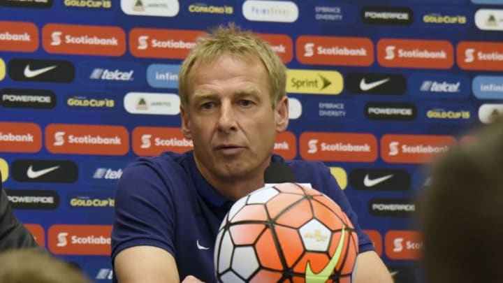 Jul 22, 2015; Atlanta, GA, USA; United States head coach Jurgen Klinsmann addresses the media following their 2-1 loss to Jamaica during the CONCACAF Gold Cup semifinal match at Georgia Dome. Mandatory Credit: Dale Zanine-USA TODAY Sports