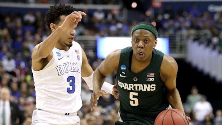 WASHINGTON, DC - MARCH 31: Cassius Winston #5 of the Michigan State Spartans is defended by Tre Jones #3 of the Duke Blue Devils during the first half in the East Regional game of the 2019 NCAA Men's Basketball Tournament at Capital One Arena on March 31, 2019 in Washington, DC. (Photo by Patrick Smith/Getty Images)