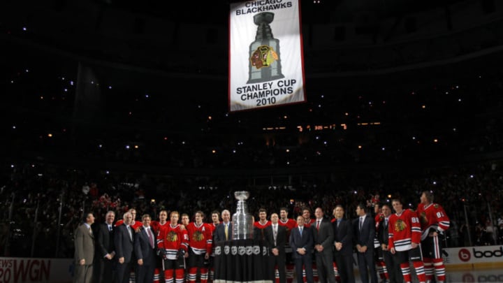 Chicago Blackhawks' 2010 Stanley Cup championship banner is raised before the home opener against the Detroit Red Wings at the United Center in Chicago, Illinois, on Saturday, October 9, 2010. (Photo by Scott Strazzante/Chicago Tribune/MCT via Getty Images)
