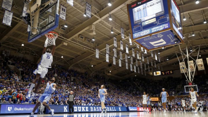DURHAM, NORTH CAROLINA - MARCH 05: Mark Williams #15 of the Duke Blue Devils dunks during the second half against the North Carolina Tar Heels at Cameron Indoor Stadium on March 05, 2022 in Durham, North Carolina. (Photo by Jared C. Tilton/Getty Images)