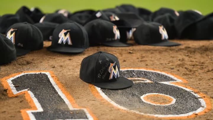 Sep 26, 2016; Miami, FL, USA; Hats of the Miami Marlins lay on the pitchers mound after the game to honor teammate starting pitcher Jose Fernandez at Marlins Park. Mandatory Credit: Jasen Vinlove-USA TODAY Sports