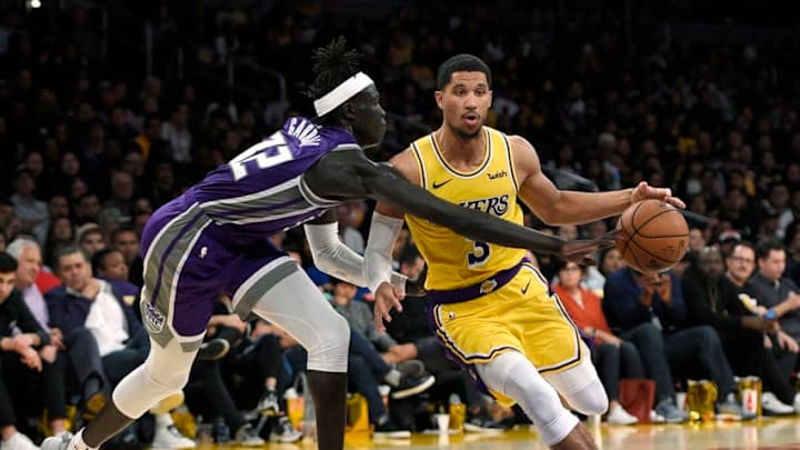 LOS ANGELES, CA - OCTOBER 04: Josh Hart #3 of the Los Angeles Lakers has the ball knocked put of his hand by Wenyen Gabriel #32 of the Sacramento Kings during the second half at Staples Center on October 4, 2018 in Los Angeles, California. NOTE TO USER: User expressly acknowledges and agrees that, by downloading and or using this photograph, User is consenting to the terms and conditions of the Getty Images License Agreement. (Photo by Kevork Djansezian/Getty Images)