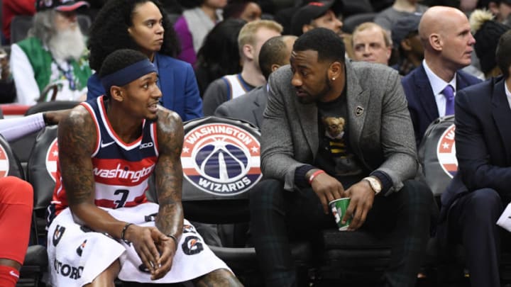 WASHINGTON, DC - JANUARY 2: Washington Wizards guard John Wall (2) talks with Bradley Beal (3) during action against the Atlanta Hawks at Capital One Arena. (Photo by Jonathan Newton / The Washington Post via Getty Images)