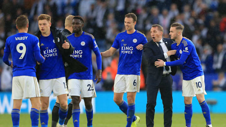 LEICESTER, ENGLAND - OCTOBER 19: Brendan Rodgers, Manager of Leicester City celebrates with his players following the Premier League match between Leicester City and Burnley FC at The King Power Stadium on October 19, 2019 in Leicester, United Kingdom. (Photo by Stephen Pond/Getty Images)
