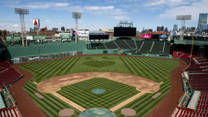 BOSTON, MA - MAY 6: A pattern with a message showing appreciation for nurses is displayed in the outfield grass as the Major League Baseball season is postponed due the coronavirus pandemic on May 6, 2020 at Fenway Park in Boston, Massachusetts. (Photo by Billie Weiss/Boston Red Sox/Getty Images)