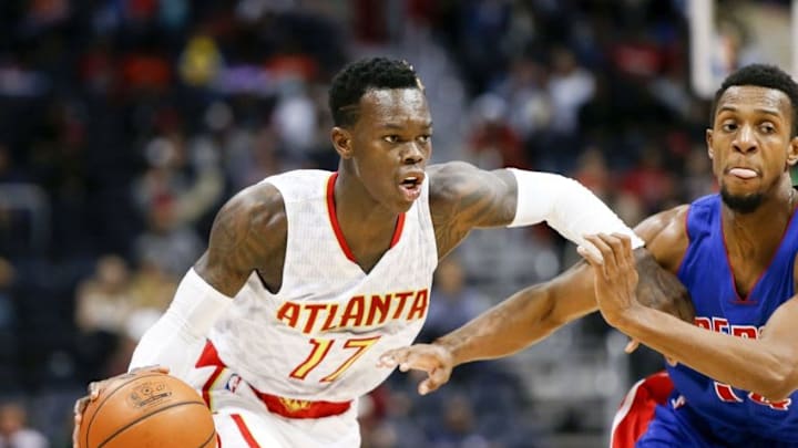 Oct 13, 2016; Atlanta, GA, USA; Atlanta Hawks guard Dennis Schroder (17) drives on Detroit Pistons guard Ish Smith (14) in the third quarter at Philips Arena. The Pistons defeated the Hawks 99-94. Mandatory Credit: Brett Davis-USA TODAY Sports