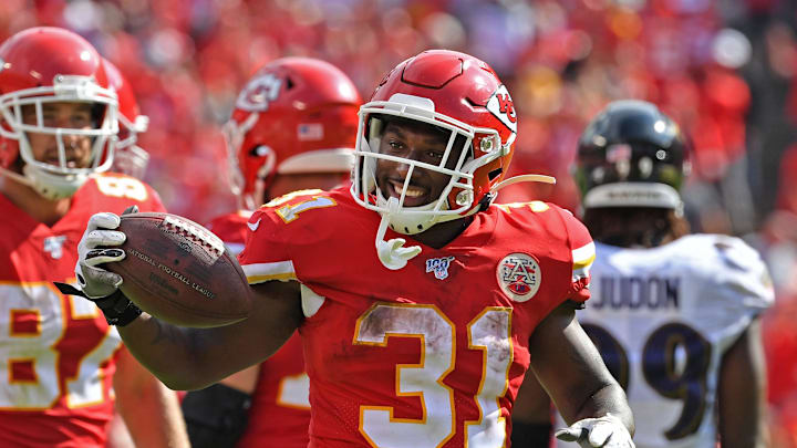 Running back Darrel Williams #31 of the Kansas City Chiefs reacts after picking up a first down (Photo by Peter Aiken/Getty Images)