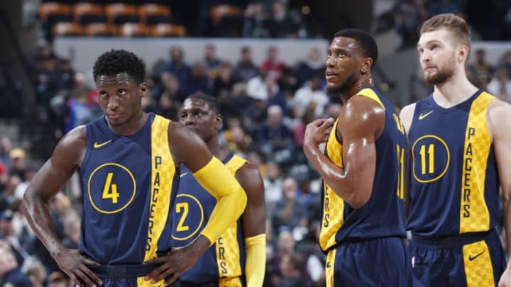 INDIANAPOLIS, IN - FEBRUARY 03: Victor Oladipo #4, Thaddeus Young #21 and Domantas Sabonis #11 of the Indiana Pacers look on during a game against the Philadelphia 76ers at Bankers Life Fieldhouse on February 3, 2018 in Indianapolis, Indiana. The Pacers won 100-92. (Photo by Joe Robbins/Getty Images)